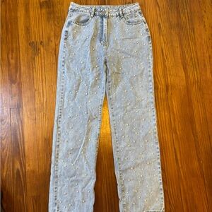 SHEIN Light Blue Straight Leg Jeans with Embellishments